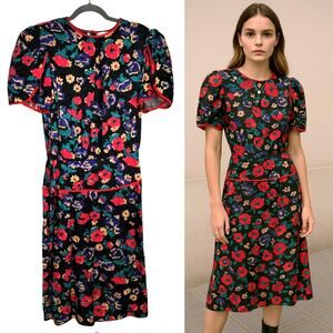 Flora Kung 10 Vintage 80's Floral SILK Peplum Dress Tulip Puff Sleeve Black Pink